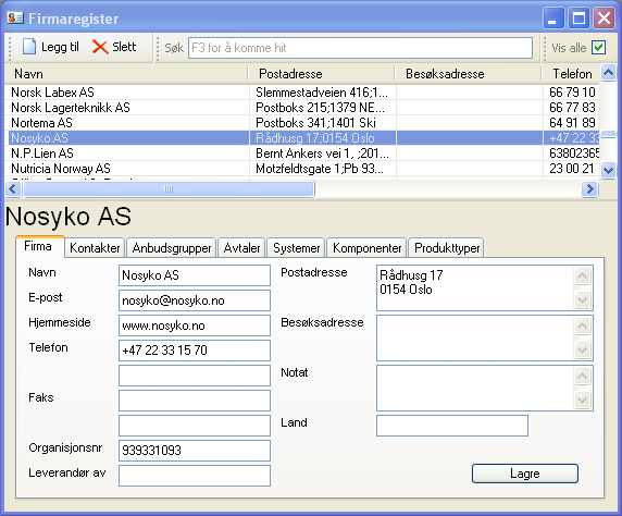 8. FIRMAREGISTER Firmaregisteret inneholder informasjon om de ulike firma (leverandører, produsenter) som prosjektet har informasjon om.