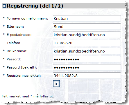Registrering Første gang opplæringsprogrammet skal tas i bruk må brukeren registrere seg, se eksemplet vist i Figur M.