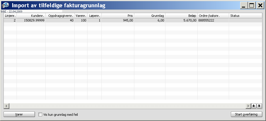 Andre overføring fakturagrunnlag Dette bildet viser hvilke grunnlag som skal leses inn, dersom det f.