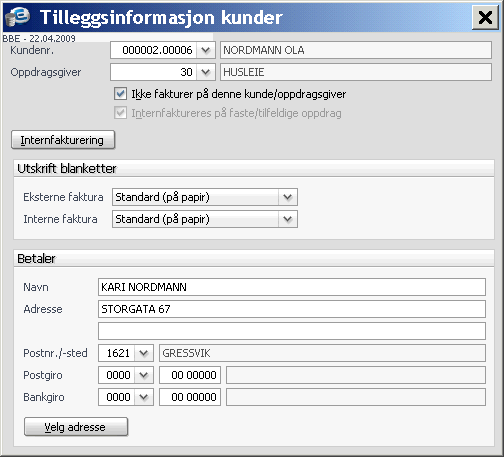 Forklaring til funksjonalitet i registreingsbildet: Skjul ikke fakturerbare: Du kan velge å sperre en kunde for fakturering på en oppdragsgiver midlertidig.