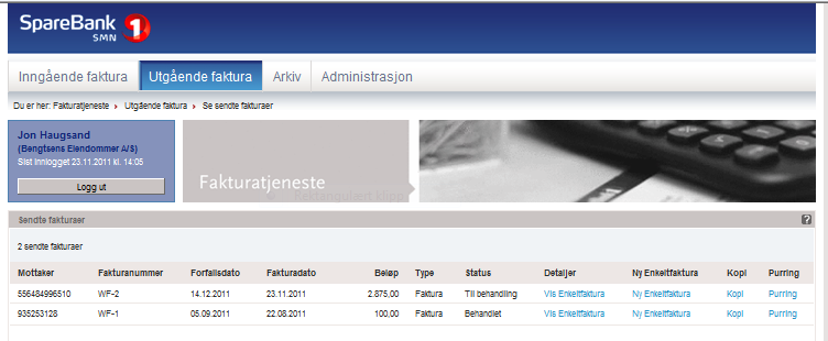 Eksempel: 6.6.4 Se sendte enkeltfaktura Etter registrering av enkeltfaktura kan man hente ut en oversikt over sendte faktura.