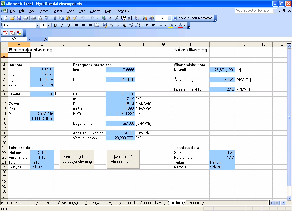 16 Arket Utdata Dette arket presenterer nøkkeldata for vurderingen av prosjektet. Disse er delt inn i to deler, en nåverdidel og en realopsjonsdel.