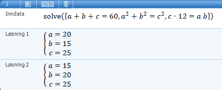 Fremgangsmåten Ut fra den rettvinklede trekanten, kan vi finne tre likninger med tre ukjente:, og Åpne Microsoft Mathematics, velg Ligningsløser og skriv de tre likningene inn i Ligningsløser, Løs