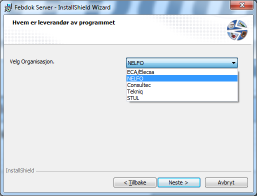Figur 3 Velg leverandør av programmet. Dette valget er viktig. Har du en norsk lisens, skal du velge NELFO som leverandør. Dette er avgjørende for installasjonen, og oppgraderinger senere.