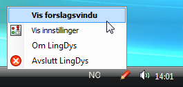 Systemmenyen Når du starter LingDys, vil ikonet til LingDys vises på systemstatusfeltet i Windows. Første gang du starter programmet, vil det også dukke opp en tipsboble over dette ikonet.