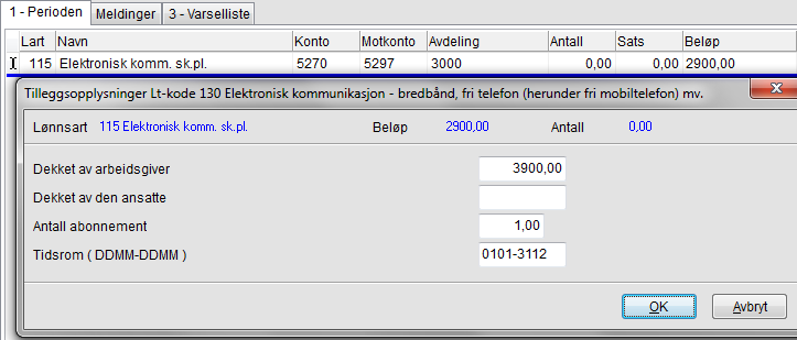 Eksempel 2 Arbeidsgiver dekker fasttelefon for hele året, dvs en tjeneste. Dekket Arb.giver Total regning Dekket arb. taker Sk.pl. beløp Fast tlf 3.900 3.900 0 2.