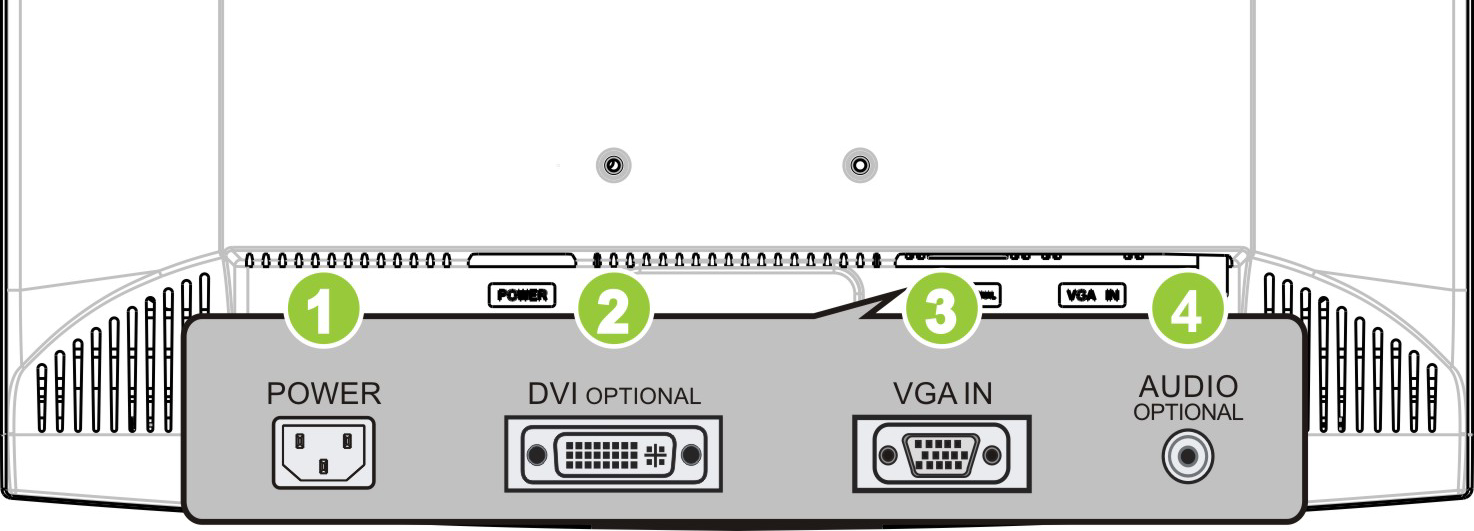 TILKOBLINGER Tilkobling til PC Slå av datamaskinen før du setter igang prosedyren nedenfor. 1. Koble en ende av VGA-kabelen til baksiden på monitoren og den andre enden til datamaskinens VGA-port. 2.