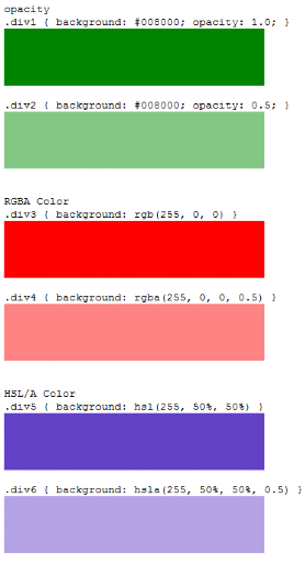 COLOR Opacity Kunne justere opacity for presentasjonen av et gitt element Parameteret tar en verdi fra 0.0 til 1.0 (0.0 er helt transparent, 1.