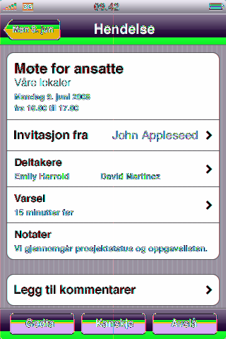 Svare på møteinvitasjoner Hvis en Microsoft Exchange-konto er konfigurert på ipod touch, og Kalendere er slått på, kan du motta og svare på møteinvitasjoner fra andre personer i organisasjonen.