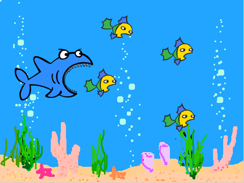 JafseFisk Introduksjon Vi skal nå lage et JafseFisk-spill! Målet i spillet er å hjelpe JafseFisk med å spise alle byttedyrene som svømmer rundt i havet.