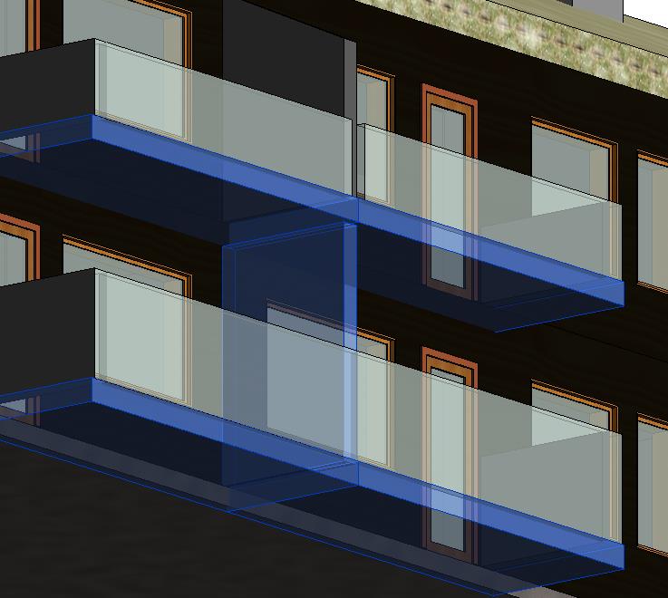 Figur 6.6: Manglende balkongdekke i ARK-modell, komplett Revit-modell Bildet over viser fasaden på bygg 2.