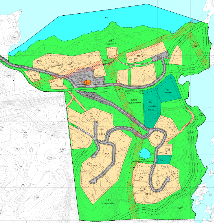 Utklipp av planforslaget for Sinneslia som var lagt ut til offentlig ettersyn 11.06-27.07.12: Bendixen s hytte Atkomstveg til område BFf4 Etter gjennomført høring ble det på bakgrunn av merknader etc.