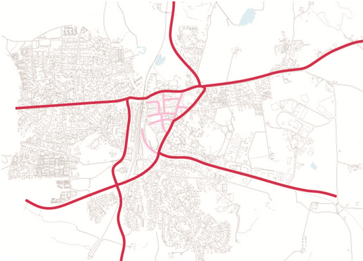 4.3 TRAFIKKMØNSTER Et sentralt grep i planen er etableringen av en klart definert hovedgatestruktur som tydeliggjør og rammer inn sentrum.