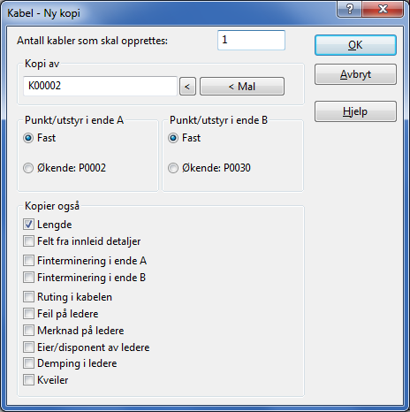 Ny kopi funksjonen i Kabelkartotek har en del flere muligheter. Her kan du velge om du skal bruke samme ende (fast) eller neste ende (økende i alfanumerisk rekkefølge).