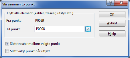 2. Velg Punkt - Slå sammen to punkt i Rediger menyen. Du kommer til dialogen "Slå sammen to punkt": Dialogen for å slå sammen to punkt. 3.