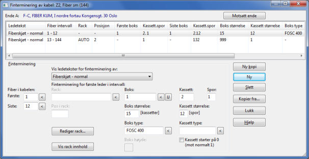 3. I eksemplet her kan vi si at fiber 1-12 i både kabel Z1 og Z3 legges i kassett 1. Fiber 1-12 i kabel Z2 og fiber 13-24 i kabel Z3 legges i kassett 2.