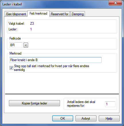 Feltene i dialogen Merknad og feil på ledere i kabel Dette er dialogen som benyttes for å legge feil eller merknad på ledere. Feil Her oppgir du en feilkode på 2 bokstaver. Dette kan f.eks.