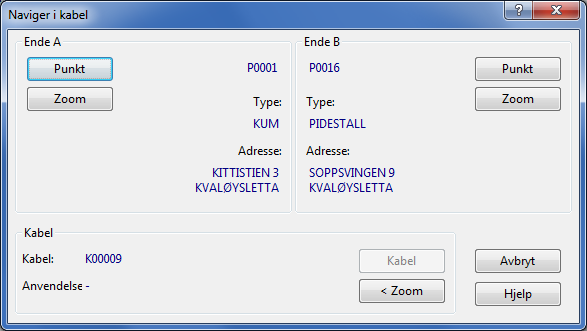 Dialogen for navigering i forhold til kabel Du har tilgang til Naviger i kabler i alle kartotek hvor du kan velge en kabel.
