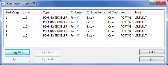 utstyret som skal være med i krysskobleren. Dette gjøres i Utstyrkartoteket ved at du oppretter virtuelle kort med så mange kanaler som krysskobleren skal ha i hver retning.