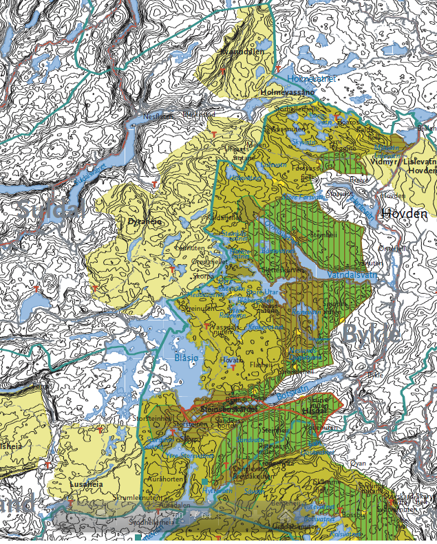 Temakart over trekk- og kalvingssoner i Setesdal Vesthei-Ryfylkeheiane