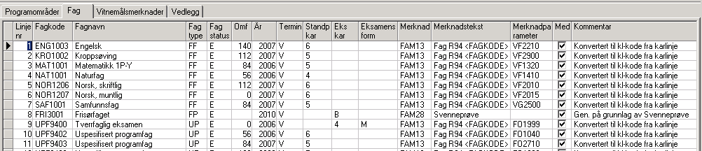 10 11 12 10 Fag Oversikt over fagene som skal/ skal ikke være med i vitnemålet 11 Visning Ved konvertering av fag fra R94 til KL, hvis det er gjort riktig skal følgende vises: -Merknad: skal vise