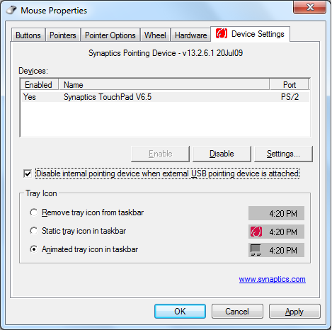 2. Klikk Device Settings (Enhetsinnstillinger) på toppen og klikk avmerkingsboksen Disable internal pointing device when external USB pointing device is