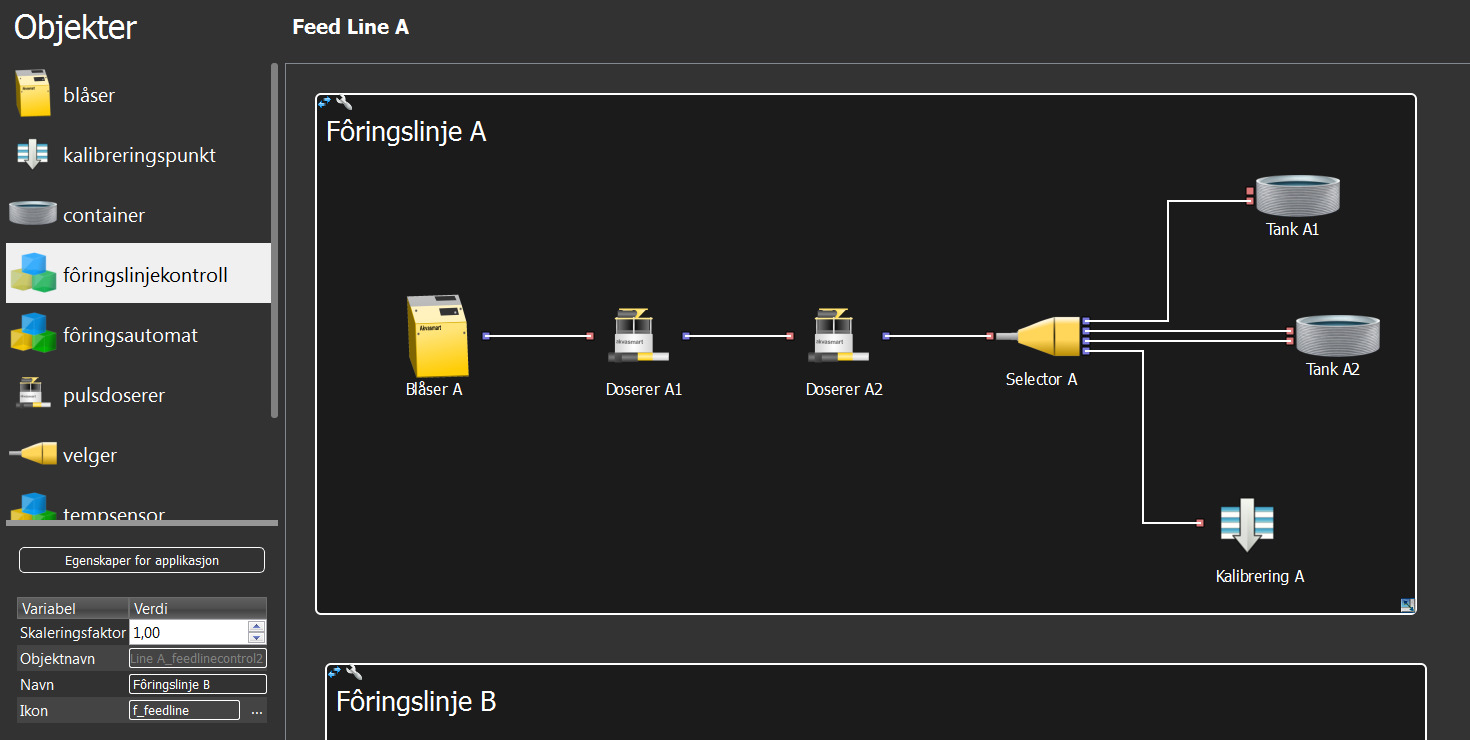 8.7 Legge til flere fôringslinje-kontroller Dersom flere fôringslinjer skal legges til i samme oppsett, klikk og dra en Fôringslinjekontroll fra Objekt-listen og til utsiden av allerede