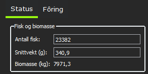 11.2 Tank-oppsett 1 Klikk på ønsket tank i fôringslinja i prosessbildet 2 Velg Status 3 I Fisk og biomasse -området: - Antall fisk: faktisk antall fisk i tanken - Snittvekt (g): gjennomsnittlig