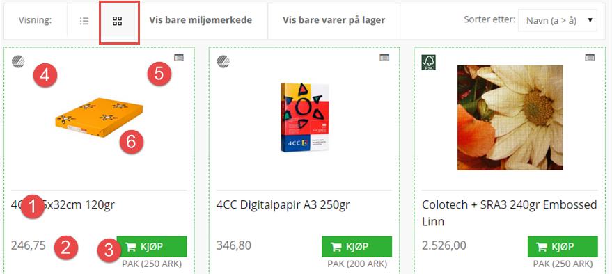 Lite varekort Blokkvisning: Listevisning: 1. Varenavn 2. Pris 3. Kjøp varen. Merk at det i listevisning også er mulig å velge antall. I blokkvisning legges det til 1.