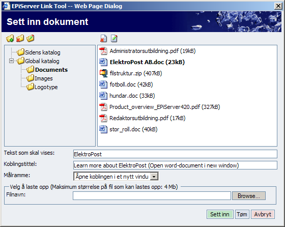 40 Redaktørhåndbok for EPiServer 4.30 Sett inn dokument Det er ganske vanlig å koble til ulike typer dokumenter, på et webområde. Det kan for eksempel være PDF-dokumenter, Word-filer osv.