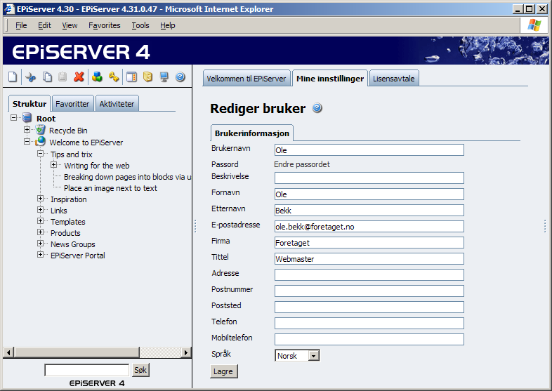 68 Redaktørhåndbok for EPiServer 4.30 Personliggjøre EPiServer Mine innstillinger Første gang du er i redigeringsmodus, begynner du med å angi dine personlige innstillinger.