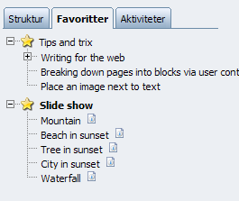 Personliggjøre EPiServer 69 Favoritter På fanen Favoritter vises sidene du har merket som favoritter i trestrukturen. Dermed kan du raskt få tilgang til de sidene du bruker mest.