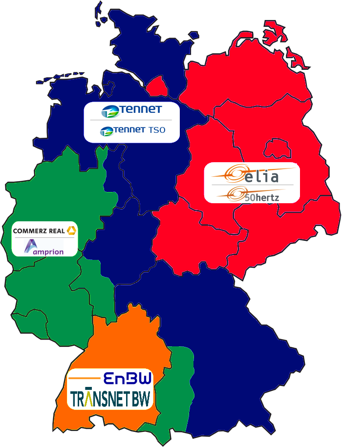 Figur 16: Kart over det tyske sentralnettet som viser hvilket geografisk område de fire systemansvarlige selskapene, amprion, TenneT TSO, Transnet BW og 50 Hertz, har ansvar for.