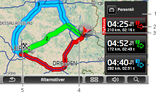 Kartet åpnes i modus Oversikt. 1 Den gjeldende ruteprofilen vises i skjermknappen (Ruteprofil).