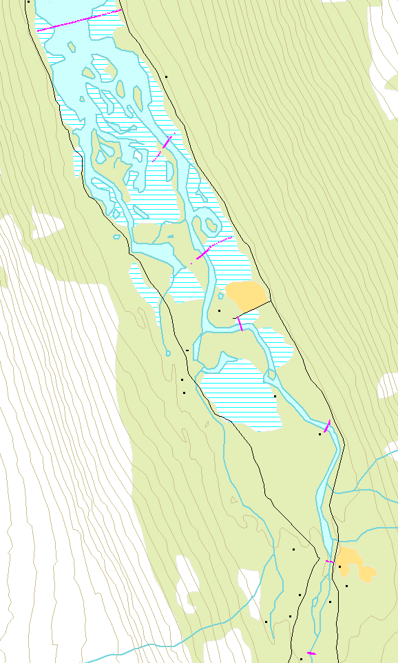 Resultater fra vannlinjemodell mellom Skamdalsvatnet og Nedre Skamdalsvatnet: Kart: Profilene nummereres nedenfra og opp i vassdraget.