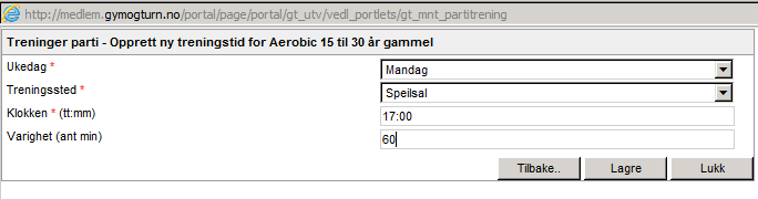 Legge til treningstider. Klikk på Treningstider. Du får nå mulighet til å legge til så mange treningstider du ønsker for dette partiet. Klikk på Legg til ny, og bildet blir redigerbart.