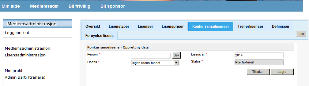 Velg konkurranselisenser. Husk at det er to kategorier av konkurranselisenser. Systemet vil tildele riktig kategori basert på alder. Konkurranselisens kategori 1 er for de under 13 år. Den koster kr.