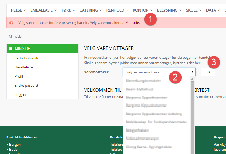 Varemottagere Vår nettbutikk tilbyr muligheten for innkjøpere med rett tilgang å handle for sine tildelte varemottagere (innkjøpssted / avdelinger).