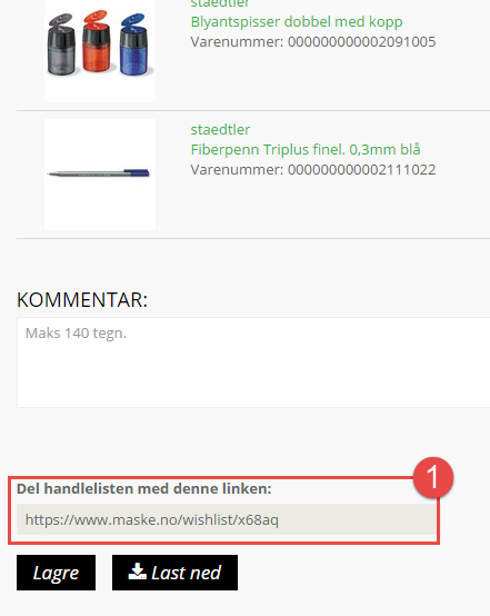 Tips til deling av handlelister. Som vist her til høyre (1) har hver handleliste en egen, unik link.
