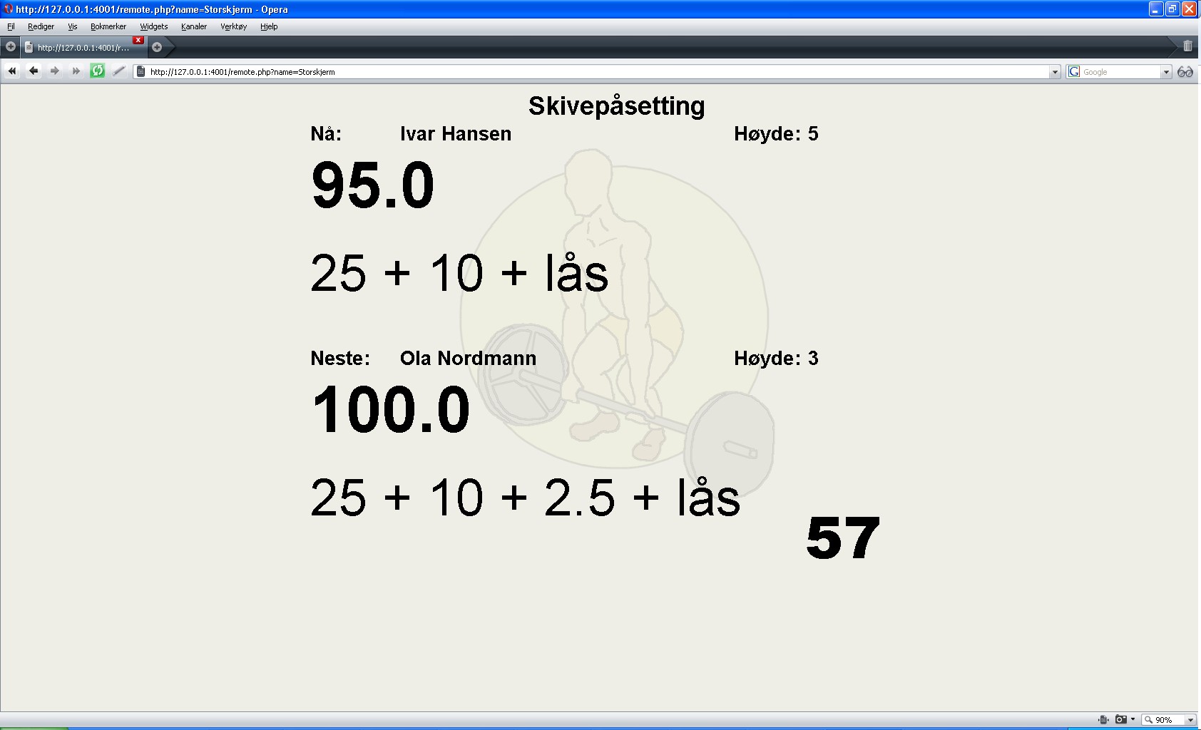 Løfterekkefølge Viser kun løfterekkefølgen Skivepåsettere Viser gjeldende og neste løfter med vektskivefordeling og stativhøyder.