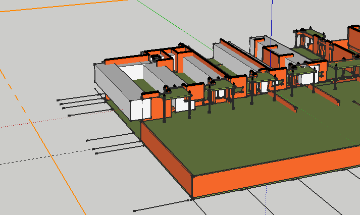 Figur 17 Skisse modell med snitt og akser; forsøk Googel Sketchup De modellerte etappene og arbeidsbolkene ble organisert i tegnelag (layer).