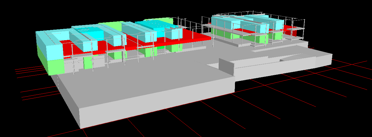 Figur 19 Volumer fordelt på lag/layers, skissemodellen er gjemt; forsøk Google Sketschup Autodesk Navisworks Manage 2011 Selve planleggingsarbeidet ble gjort i Autodesk Navisworks Manage 2011.