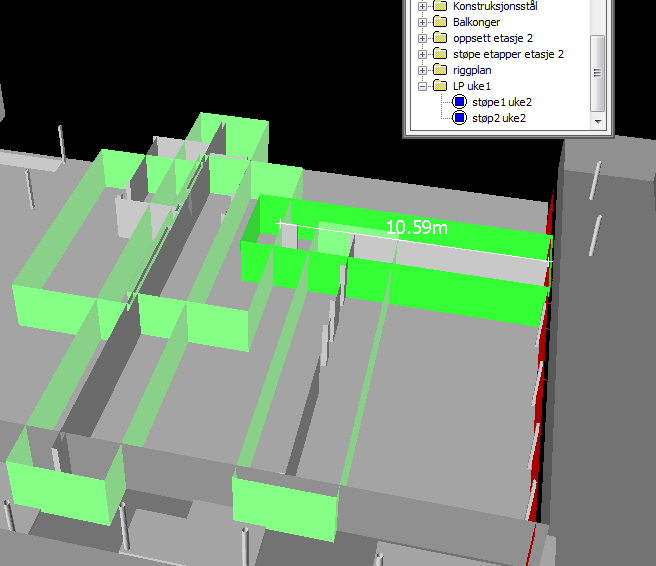 Figur 28 Utvelgelse av etapper på grunnlag av informasjon fra 4Dmikromodellen; forsøk Last Planner Autodesk Navisworks manage 2011 Alle periodeplanens aktiviteter ble deaktivert unntatt de