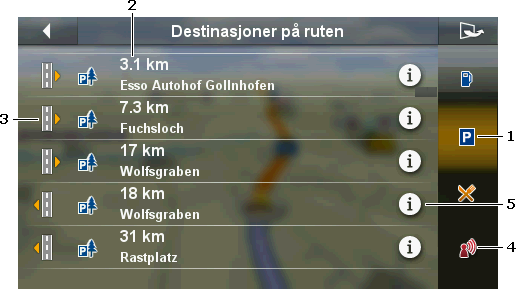 Merk: Informasjonslinjen Destinasjoner på ruten lukkes automatisk etter noen sekunder. Trykk på (Lås på skjermen) hvis du vil at informasjonslinjen ikke skal bli lukket.