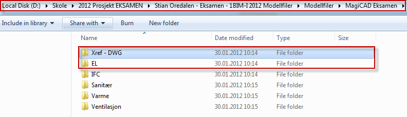 6.2 Mappestruktur AutoCAD MagiCAD Mappestruktur er generelt veldig viktig. I eksamen skal jeg benytte AutoCAD med MagiCAD. Bildet her viser mappestrukturen jeg har på egen pc.