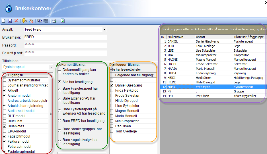 Rød firkant: Her styres tilgang til de ulike modulene i Extensor Grønn firkant: Her styres dokument tilgangen i Extensor Orange firkant: Her kan man per bruker sette hvilke andre ansatte som skal ha