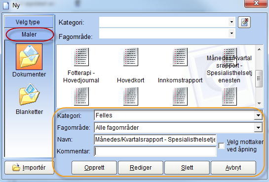 For å bruke en mal kan man klikke på: Deretter finner man frem til riktig mal ved å navigere i mappene i oversikten til høyre. Trykk + for å se innholdet i en mappe.