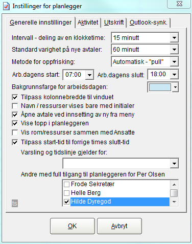 4.5 Planlegger 4.5.1 Innstillinger for planlegger Innstillinger for planlegger gjelder for planleggeren til den som er logget inn, eller den man er sekretær for.