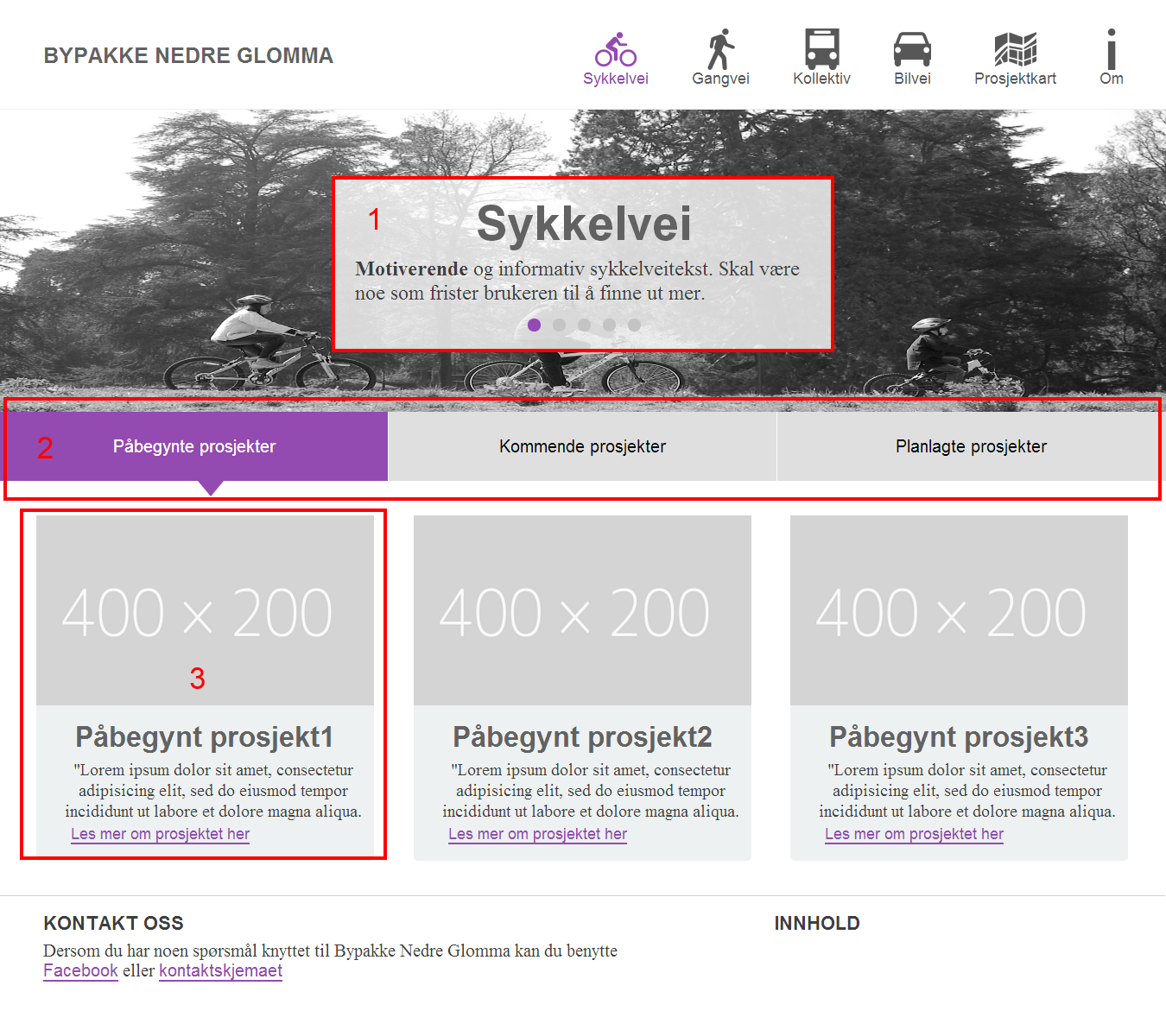 5.2. Utforming av protoype 51 Figur 5.5: Nettside for kategorien Sykkelvei. Lokal meny Den lokale menyen er markert med tallet 2 i figur 5.5. Den lokale menyen består av tre klikkbare linker som er beskrevet med hhv.