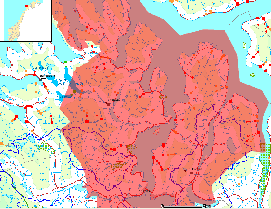 Figur 6-2 Potensial for små kraftverk i Lenvik kommune.